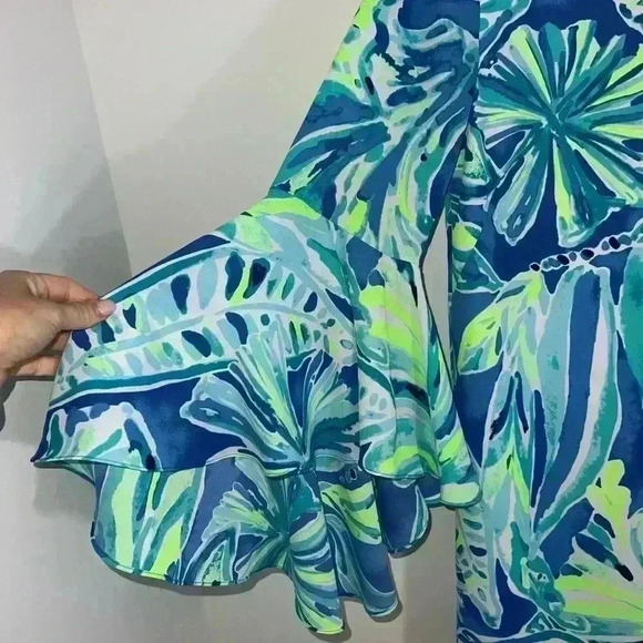 Lilly Pulitzer Rosalia Beckon Blue Palm Passage Crepe Flounce Sleeves size 6 - Picture 4 of 13